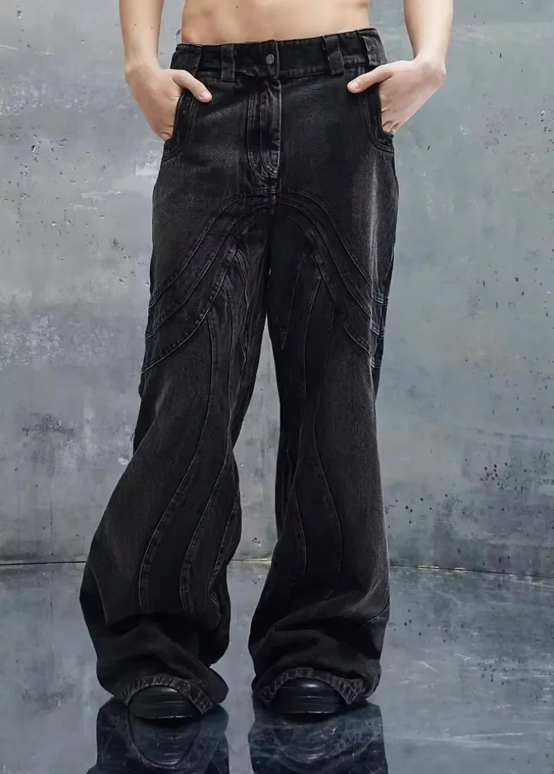Y2K Harajuku Fashion Heavy Industry Black Old Stitching Loose Jeans Women Street Retro Pop Gothic High Waist Wide Leg Pants 240806
