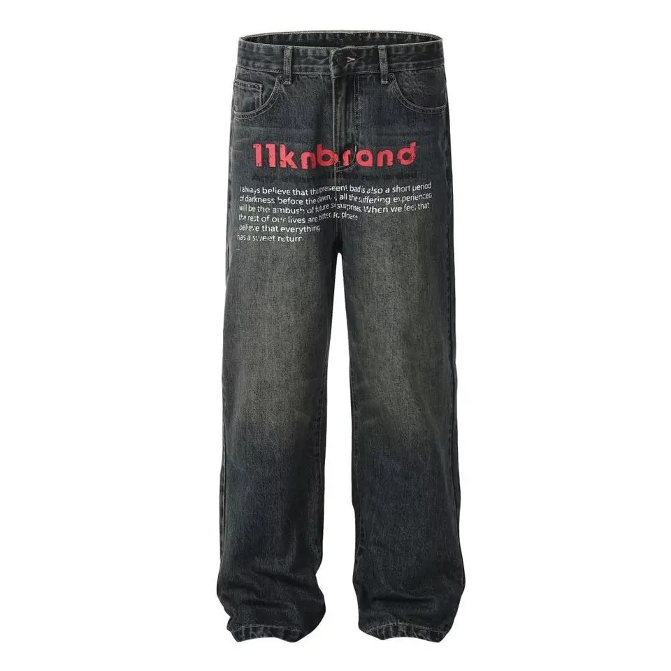 Fashion printed letters high waist jeans womens Y2K street hip-hop retro loose all-match button straight wide-leg pants men 240806