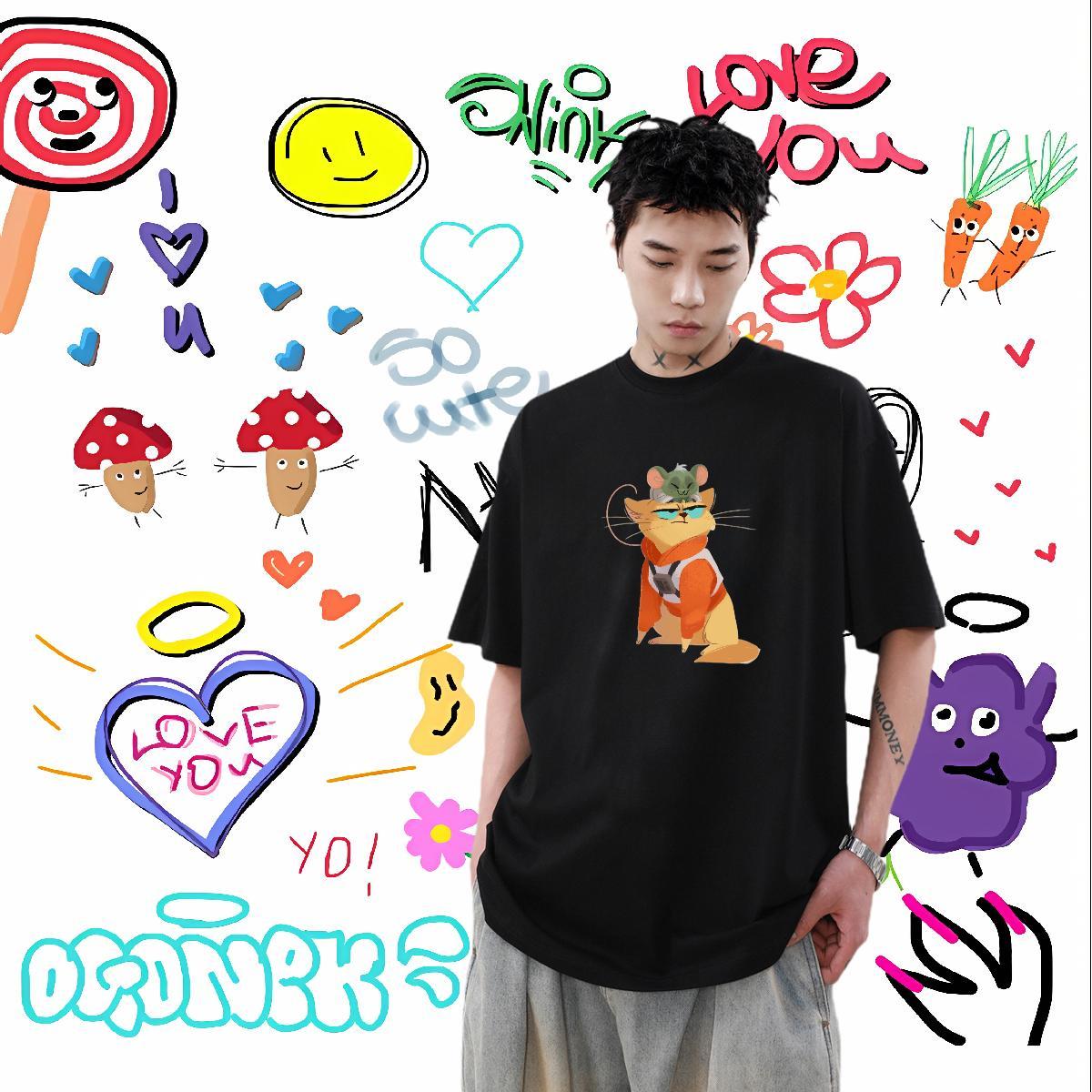 2024 New T-Shirts for Men 230g Cotton cat Hip Hop Tshirts Short Sleeve O-Neck Comfortable Mens Tshirts Oversized