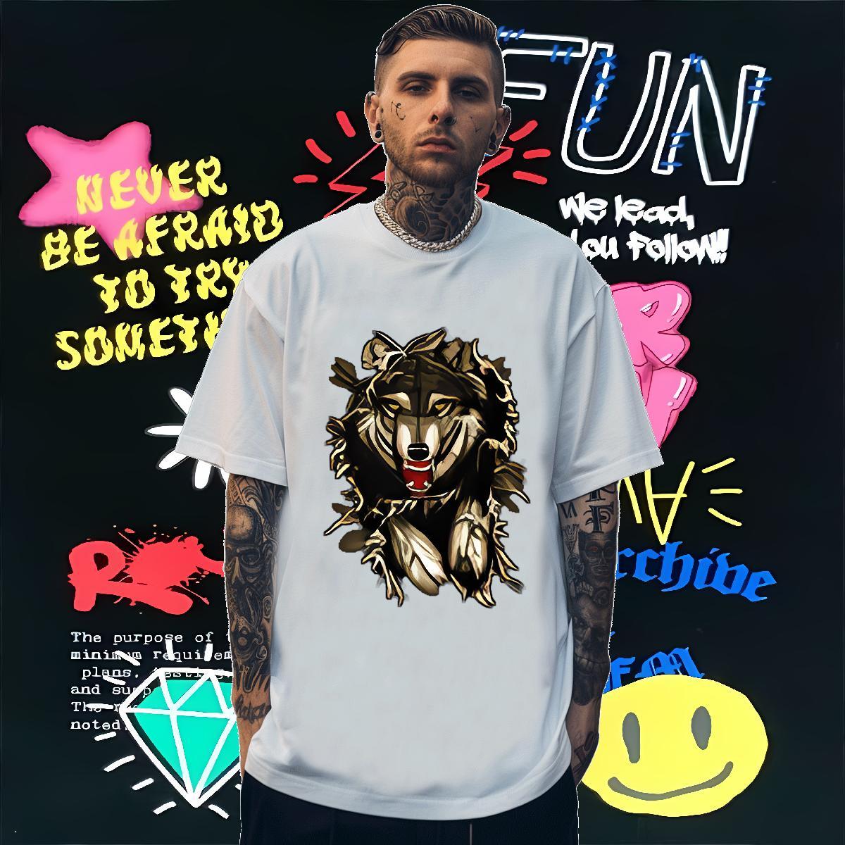 T Shirt For Man 230g Pure Cotton wolf Beach Breathable Oversized 4XL Tshirt for Man Woman Customized Loose Tops