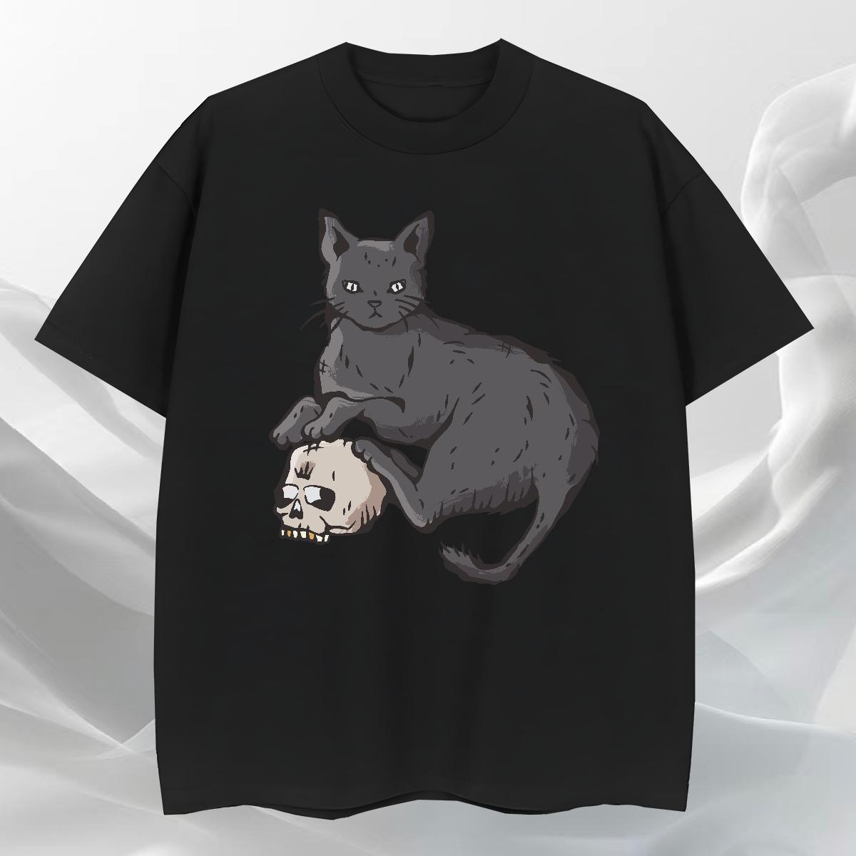 Soft Men Tops Tees 230g Cotton Street Casual cat Black Oversized O Neck Short Sleeves Casual New T shirt Tops Shirt