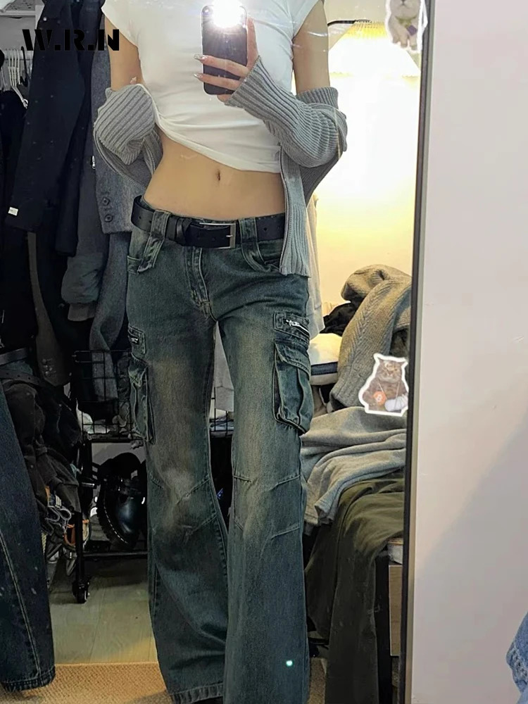 Cargo Pants Women Korean Fashion Big Pocket Femme Flare Pants Spring Summer Casual Mopping Denim Loose Jeans Trousers 240806