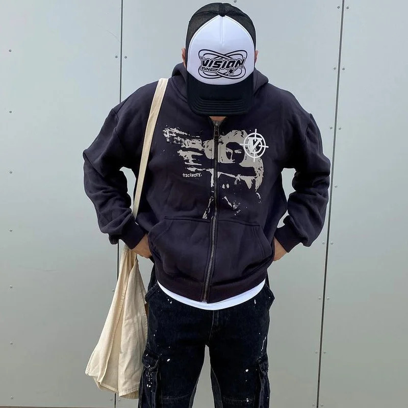 Anime Print Y2k Clothes Man Hoodie Black Long Sleeve Streetwear Zip Up Jackets Hoodies Korean Fashion Punk Sudaderas Sweatshirt 240806