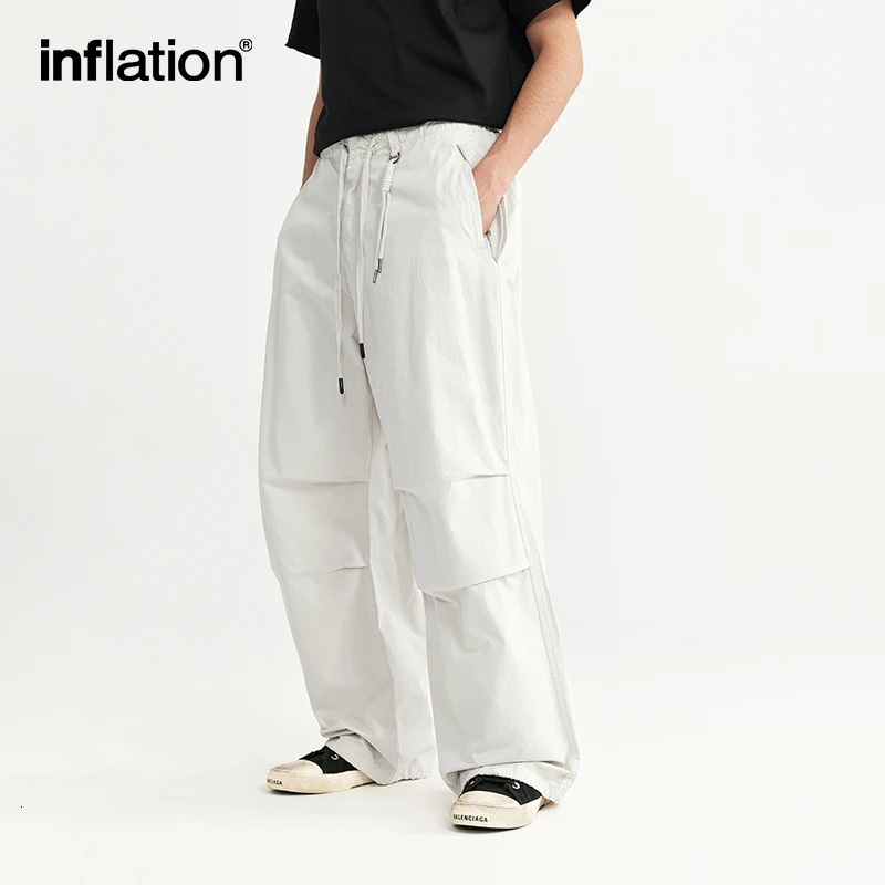 INFLATION Baggy Parachute Pants Streetwear Mens Elastic Waist Washed Cargo Male 100% Cotton Trousers 240806