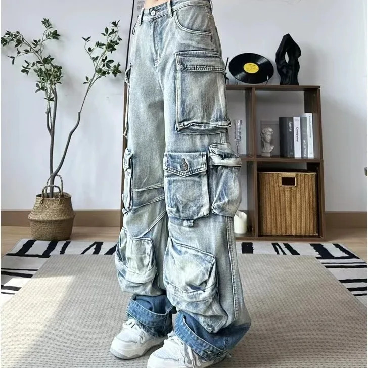 Women Jeans Denim Distressed Multi Pocket Washing Cargo Pants Casual Low Waist Zipper Fly Winter Gradient Slight Strech 240806