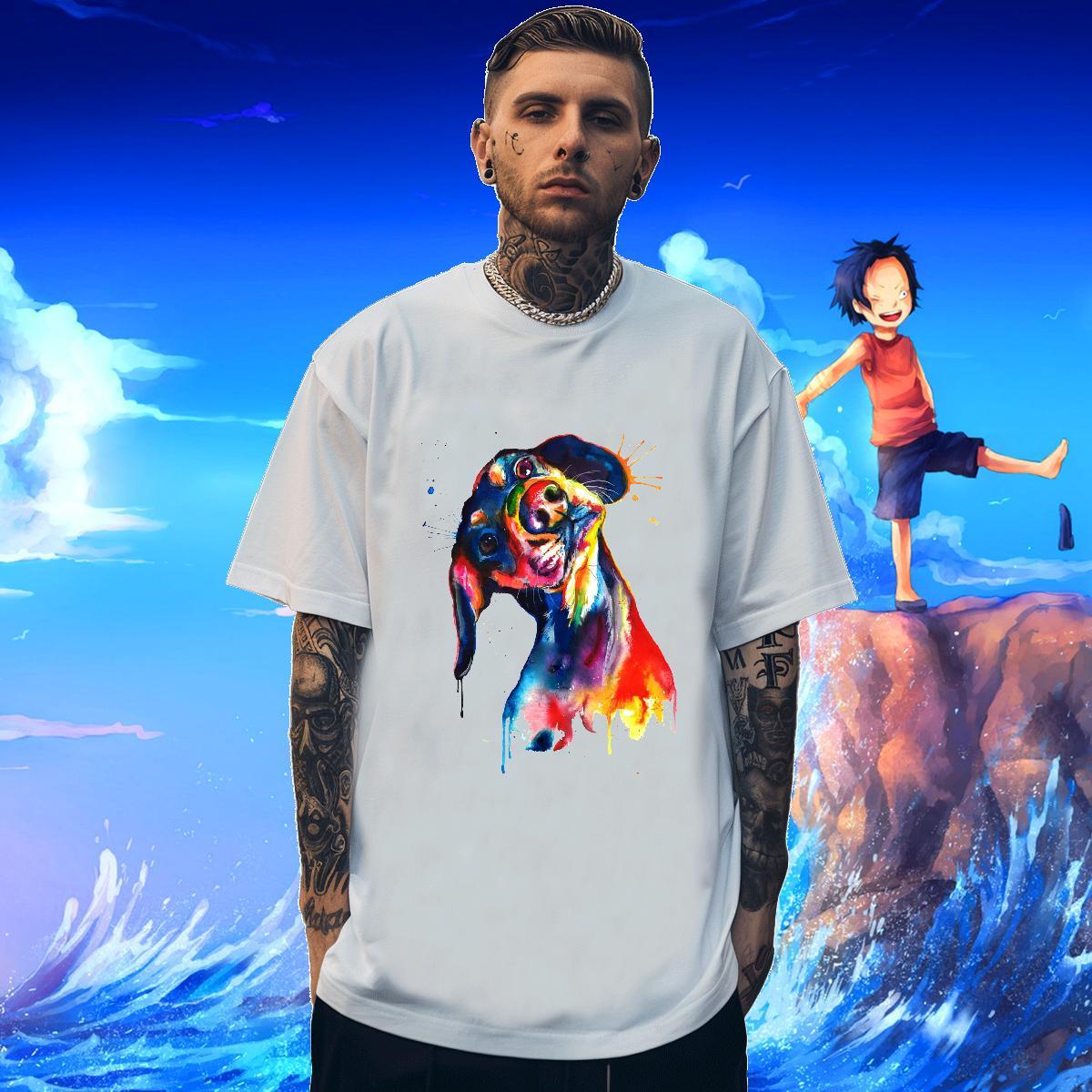 New Arrival Man T Shirts 230g Cotton coloful dog Street Wear Clothes O Neck Short Sleeves Loose Fit Tshirts Asian Size