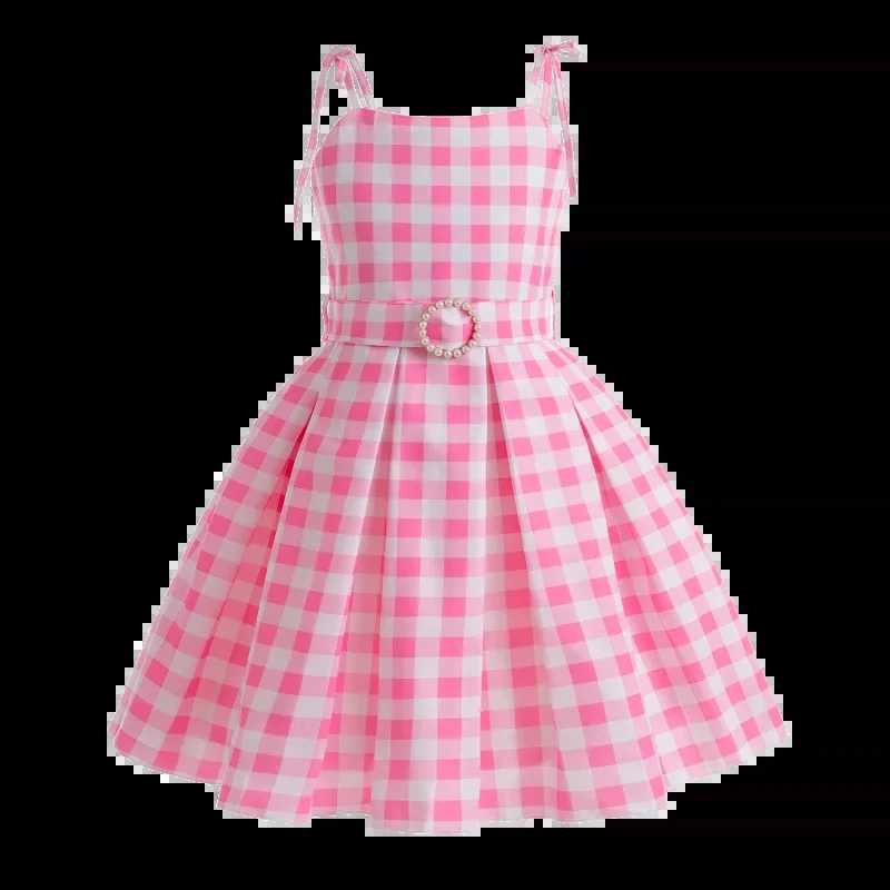 2024 New Movie Costume Girl Role Play Pink Checkered Dress Childrens Summer Sleeveless Dress Childrens Party Clothing 3-10 YearsW240720