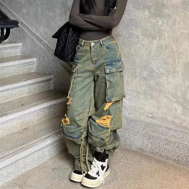 American Vintage Multi-pocket Jeans Female Y2K Street Hip Hop Fashion Hole Baggy Casual Joker High Waist Wide Leg Mop Pants 240806