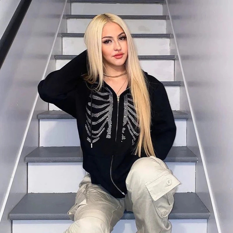 Y2K Rhinestone Skeleton Hoodies Women Gothic Black Zip Up Oversized Sweatshirts Female Retro Harajuku Hooded Jacket Streetwear 240805
