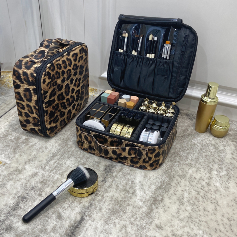 PU Leather Travel Large Capacity Beauty Makeup Case Leopard Waterproof Cosmetic Bag 240805