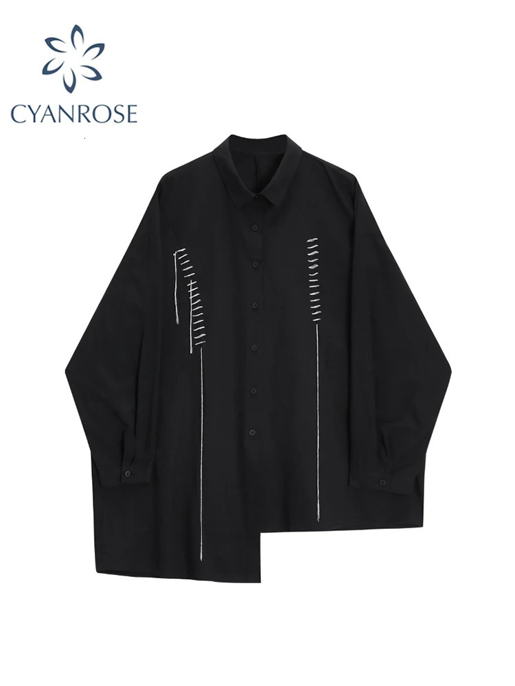 Womens Gothic Black Shirt and Blouse Y2k 90s Vintage Korean Style Harajuku 2000s Long Sleeve Shirt Polo-Neck Top Clothes Autumn 240806