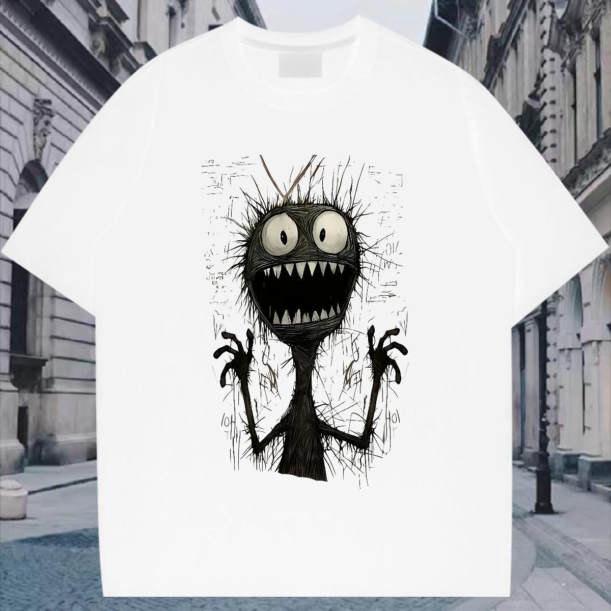 T Shirts Men 230g Pure Cotton Little Monster Street Wear O Neck Short Sleeves Anime Print Men Tees Wholesale Loose Polos