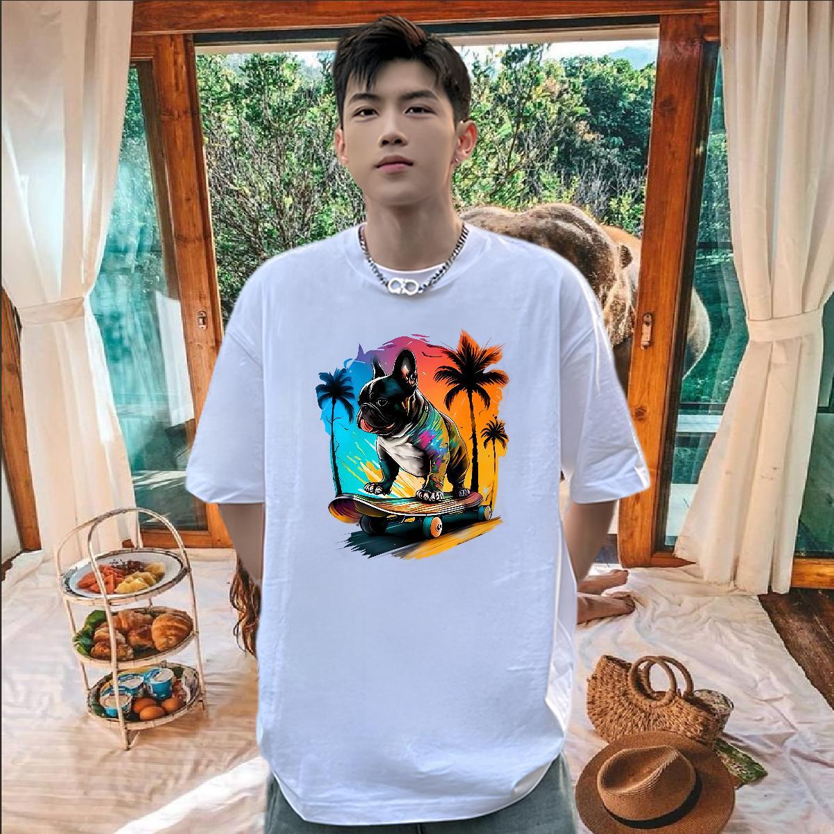 Classic Casual T shirt 230g Cotton French Bulldog Sport Tops Shirt Short Sleeve Soft Unisex Couples T Shirts Custom Printing