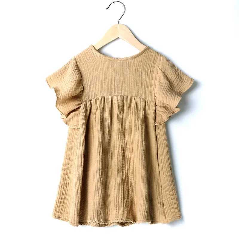 Summer girls dress flying sleeve cotton dress casual pleated dress solid color dress baby dress summer princess cute dressW240720
