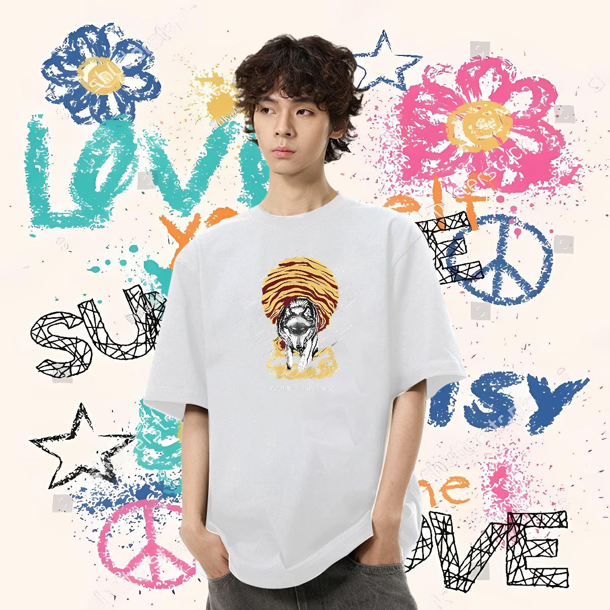 Fashion Casual T-Shirts 230g Pure Cotton wolf Casual Daily Wear Tshirts Breathable Crew Neck Designer Couples T Shirts White Plus Size
