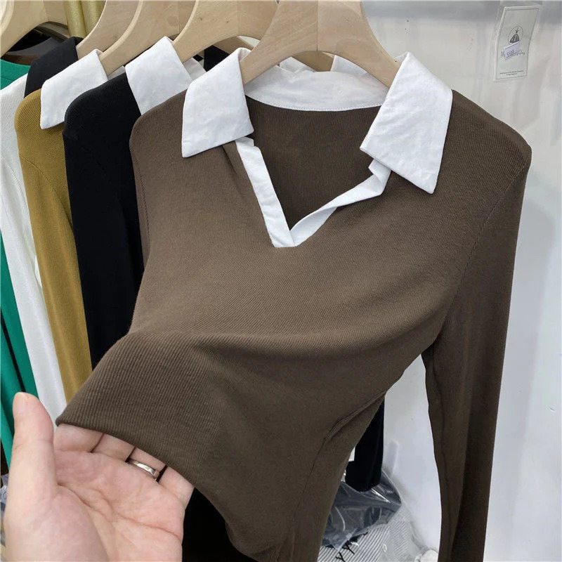 Patchwork Color Lapel Long Sleeve T Shirt Women Basic Shirts Fall Casual Elastic Rib-knit Polo Shirt Y2k Top Women Clothing 240806