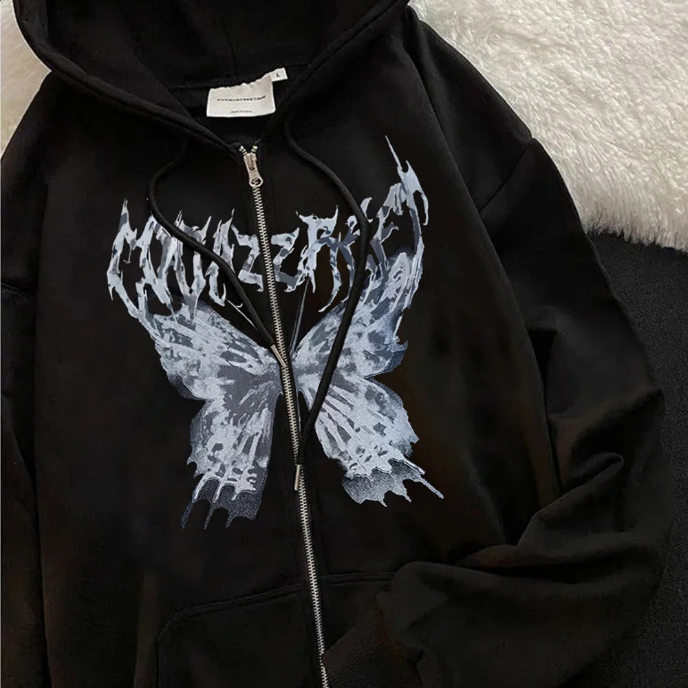 Gothic Hooded Autumn Winter Y2K Hoodies Zip Up Women Jackets Streetwear Mens Sweatshirts Harajuku Casual Tops 240806
