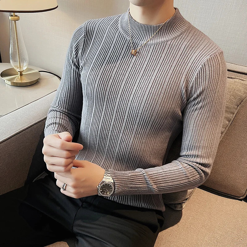 Plus Size 4XL-M Autumn Winter Half Turtleneck Stripe Sweater Men Elastic Knitting Pullover Korean Slim Solid Tight Sweater Tops 240729