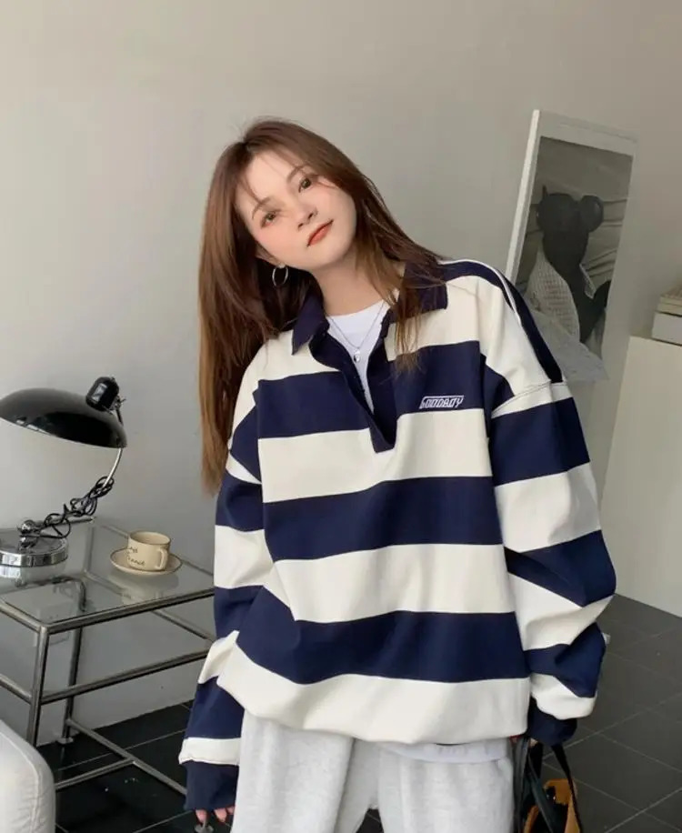 Harajuku Striped Sweatshirt Women Korean Style Preppy Pullover Female Fashion Polo Sweatshirt Ladies Casual Long Sleeve Top 240806