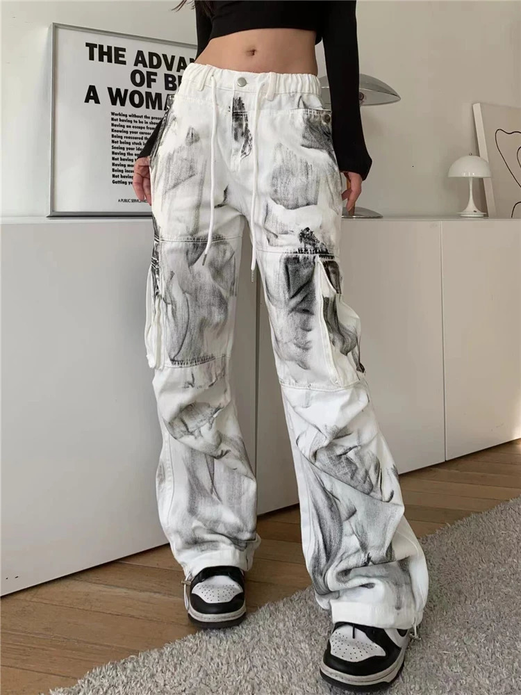 Womens White Cargo Jeans Y2k 90s Vintage High Waist Wide Leg Denim Trousers Harajuku Baggy Jean Pants 2000s Trashy Clothes 240806