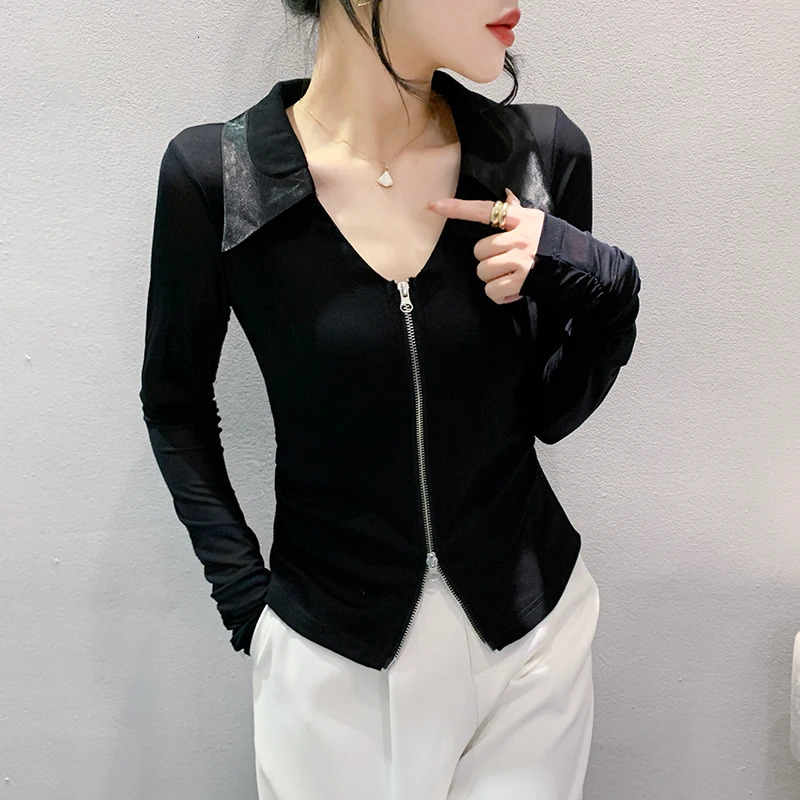 Spring European Clothes T-Shirt Chic Spliced Sexy Zipper Cardigan Womens Tops Long Sleeve Bottoming Shirt Tees 4 240806