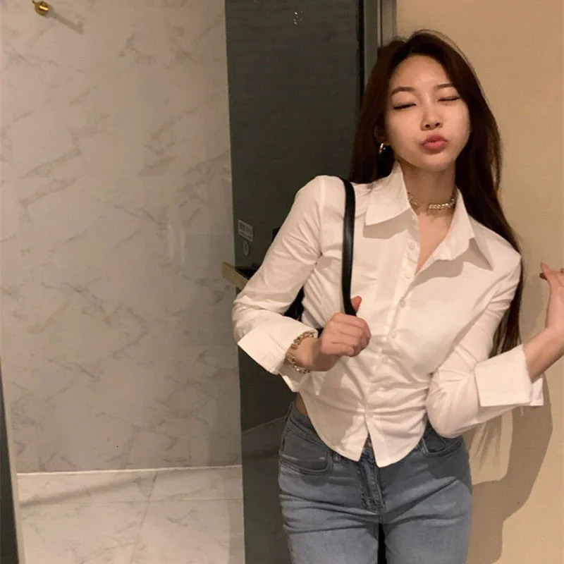Sexy Skinny Short Women Shirts Spring Autumn Long Sleeve School Uniform Shirt Female Korean Chic Button Up White Shirt Tops 240806