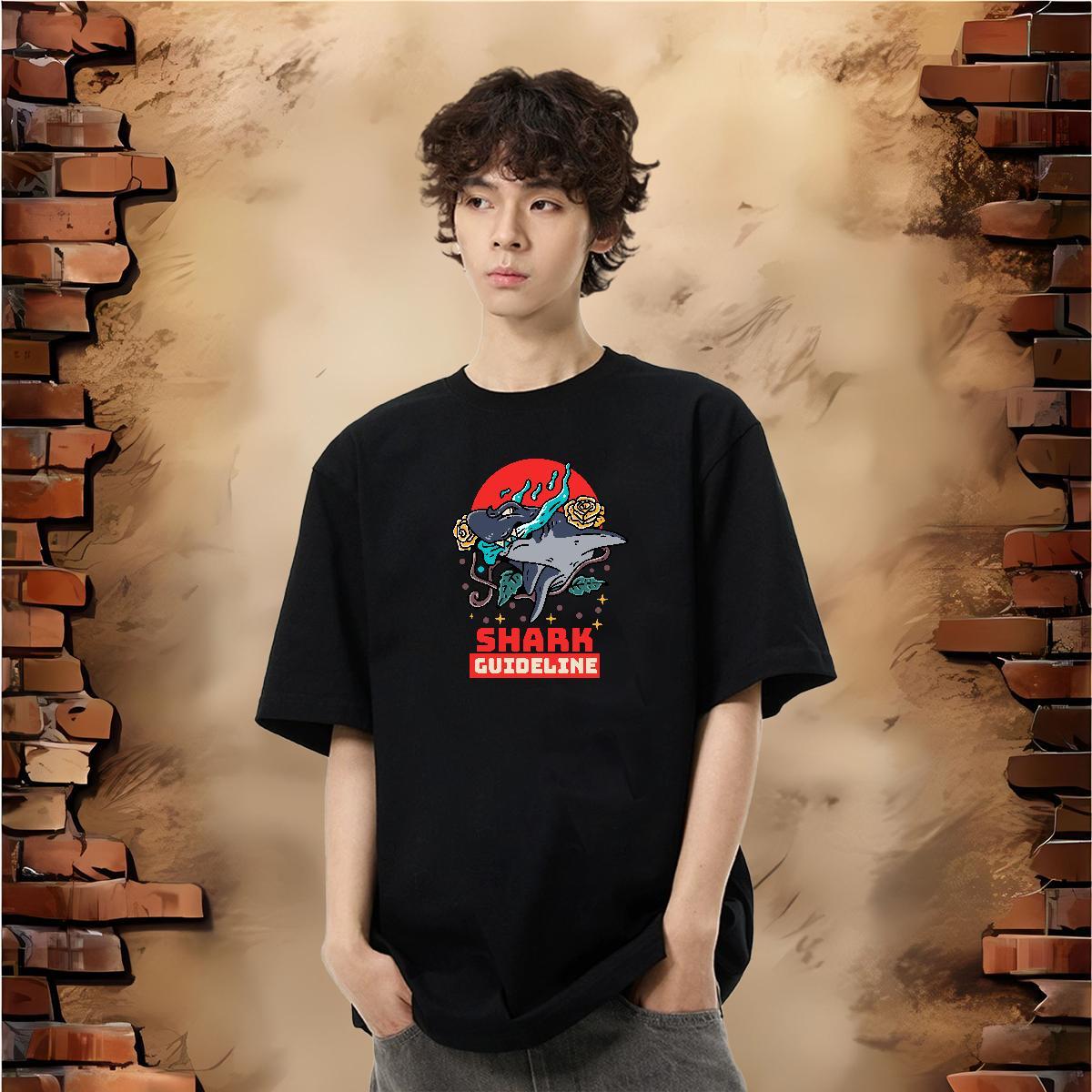 Free Shipping T Shirt For Man 230g Pure Cotton shark Hip Hop Street Wear O Neck Short Sleeves Loose Fit Men Clothes T-Shirt Custom Print Plus Size