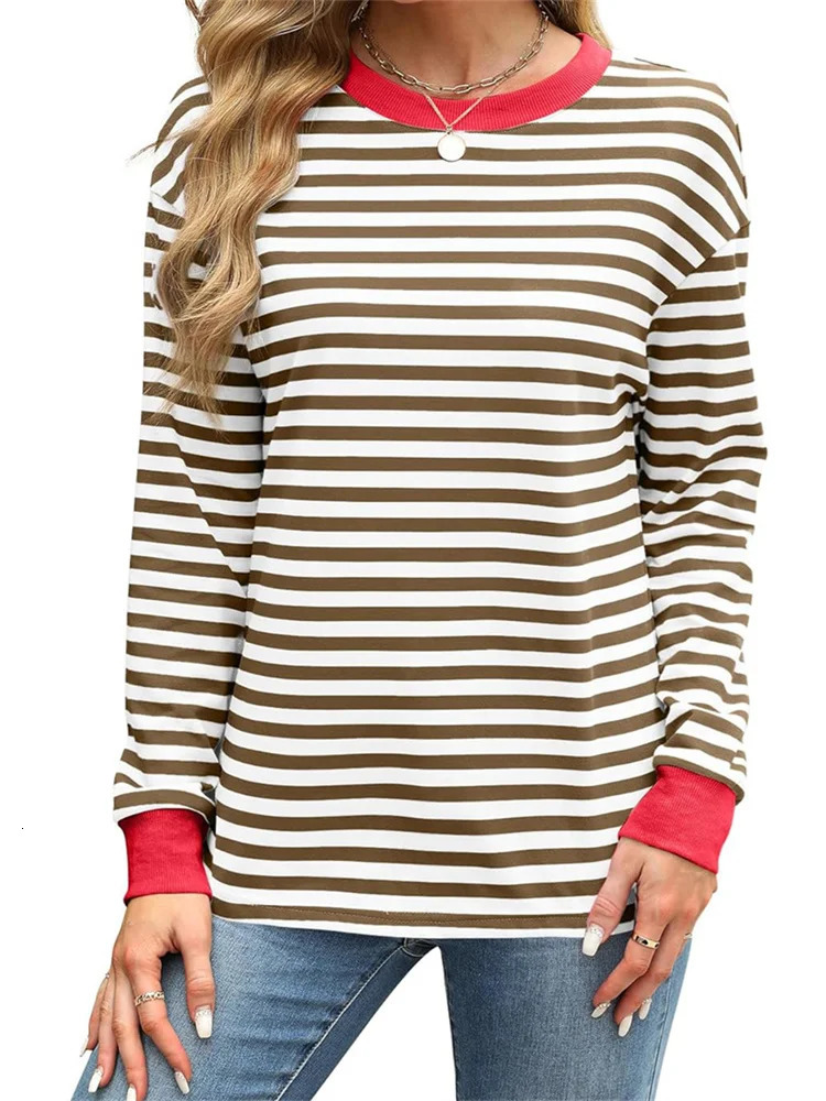 CHRONSTYLE Women Long Sleeve T-shirts Tops Striped Print Round Neck Spring Fall Casual Loose Fit Tees Shirts Streetwear 240806