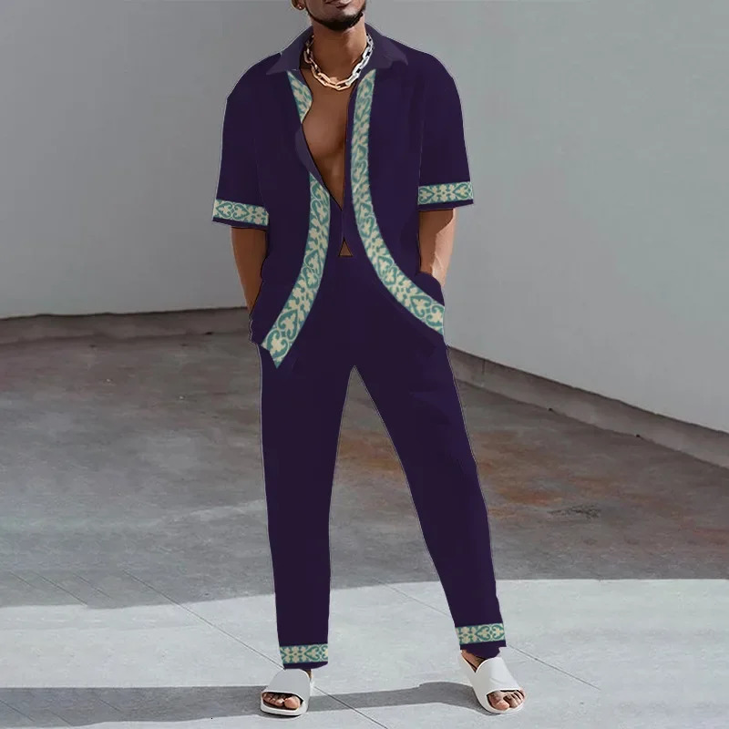 2023 Fashion 3D Print Two Piece Set Men Summer Short Sleeve Lapel Shirts Top and Pants Casual Suit Streetwear Mens Outfit y240813