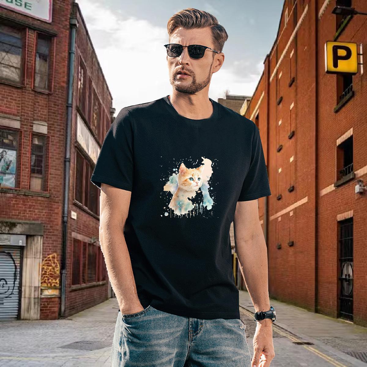 TOP Quality Mens Tshirts 100% Cotton 230g cat Man T Shirts Sport Short Sleeve Soft Cartoon Printing L-4XL Fashion Tees