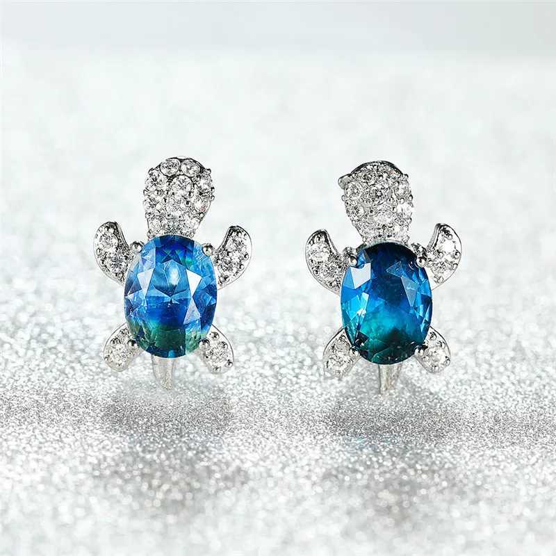 Blue purple oval gradient zircon rainbow stone turtle stud earrings womens fashion jewelry multi-color crystal animal earrings W240803