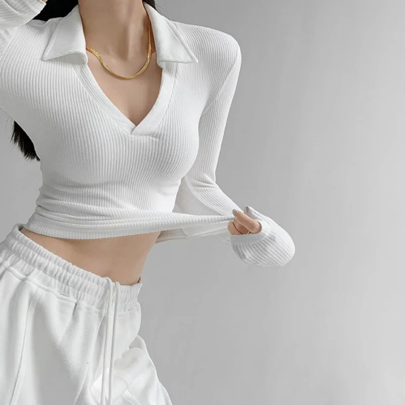 Sexy V-Neck Slim Fitness Womens T-Shirt Fashion Long Sleeve Polo Shirt Woman High Waist Cropped Tops 240806