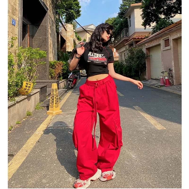 Casual Red Color Women Y2k Street Hip Hop Sweatpants Oversized Trousers Vibe Dance Jazz Long Baggy Cargo Pants Womens Clothing 240806