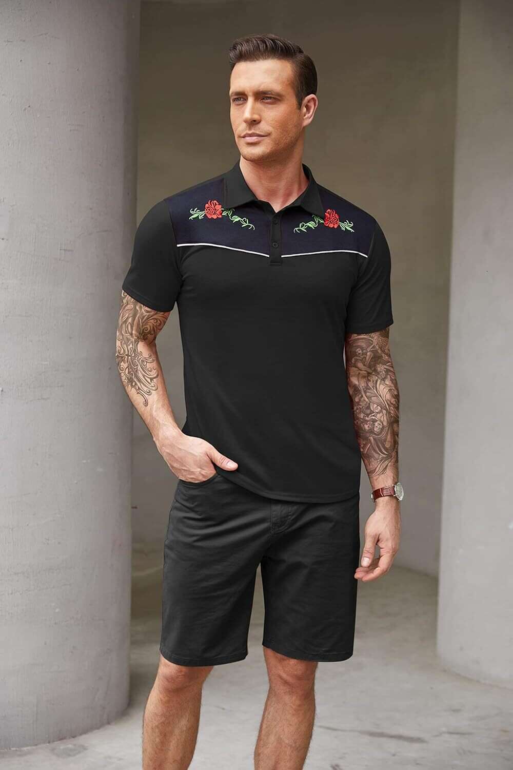 Fashion Mens Polo shirt Short Sleeve Shirts Casual Fashion Rose Floral Embroidery Polos shirts tshirt Casual tops summer clothes Short sleeve Free shi
