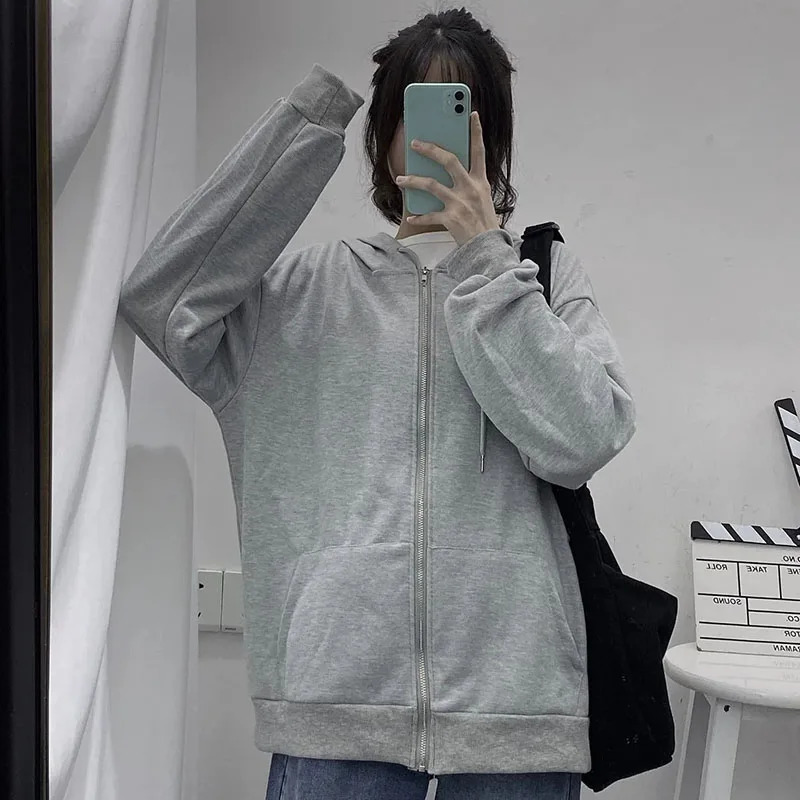 Autumn Womens Zipper Hoodie High Street Double Pockets Sweatshirts Outerwear Top Woman Grey Oversize Loose Hoodies Ladies 240806