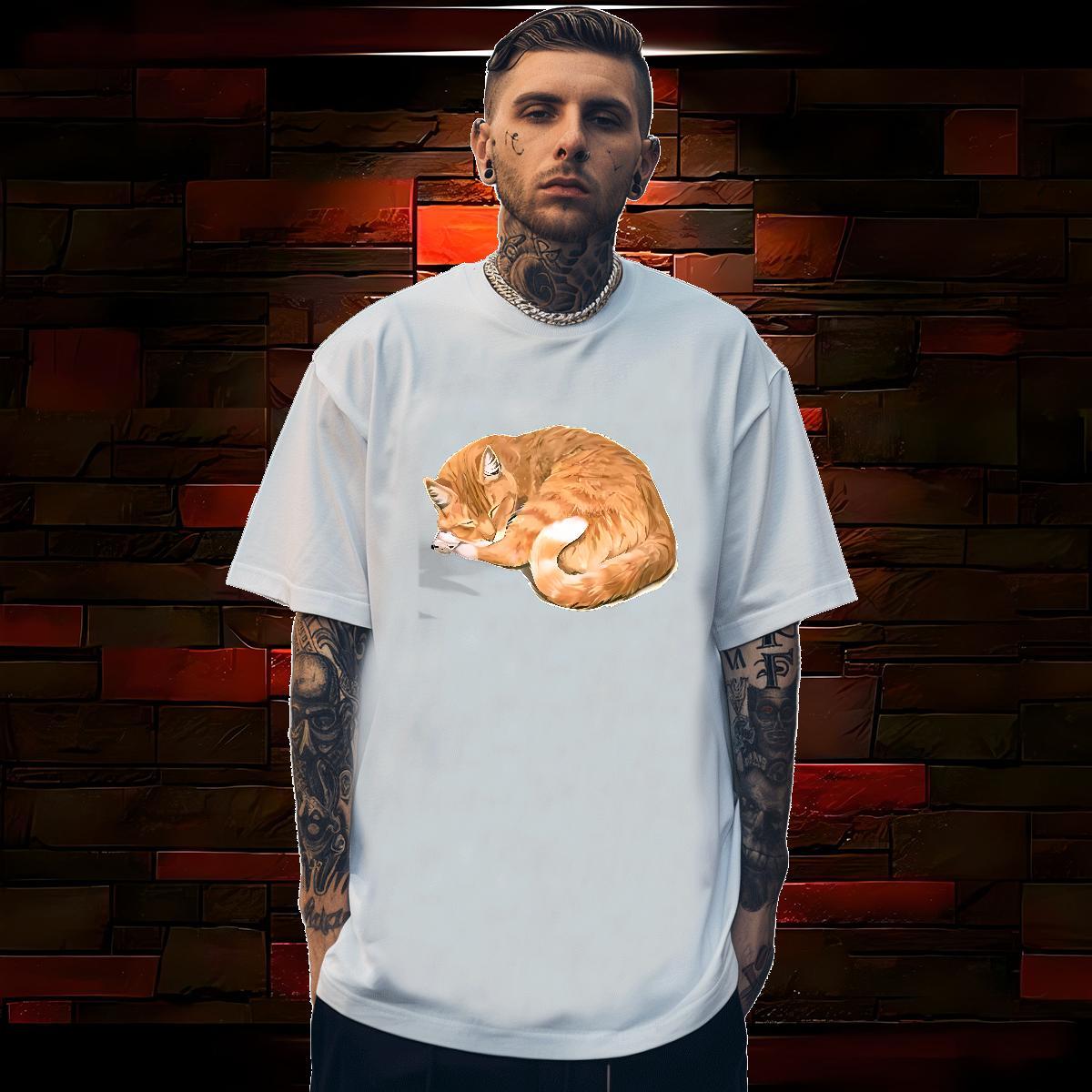 Men T Shirts 230g 100% Cotton cat Daily Wear Breathable Crew Neck Floral Print Couples T Shirts Classic Cool Design Polos