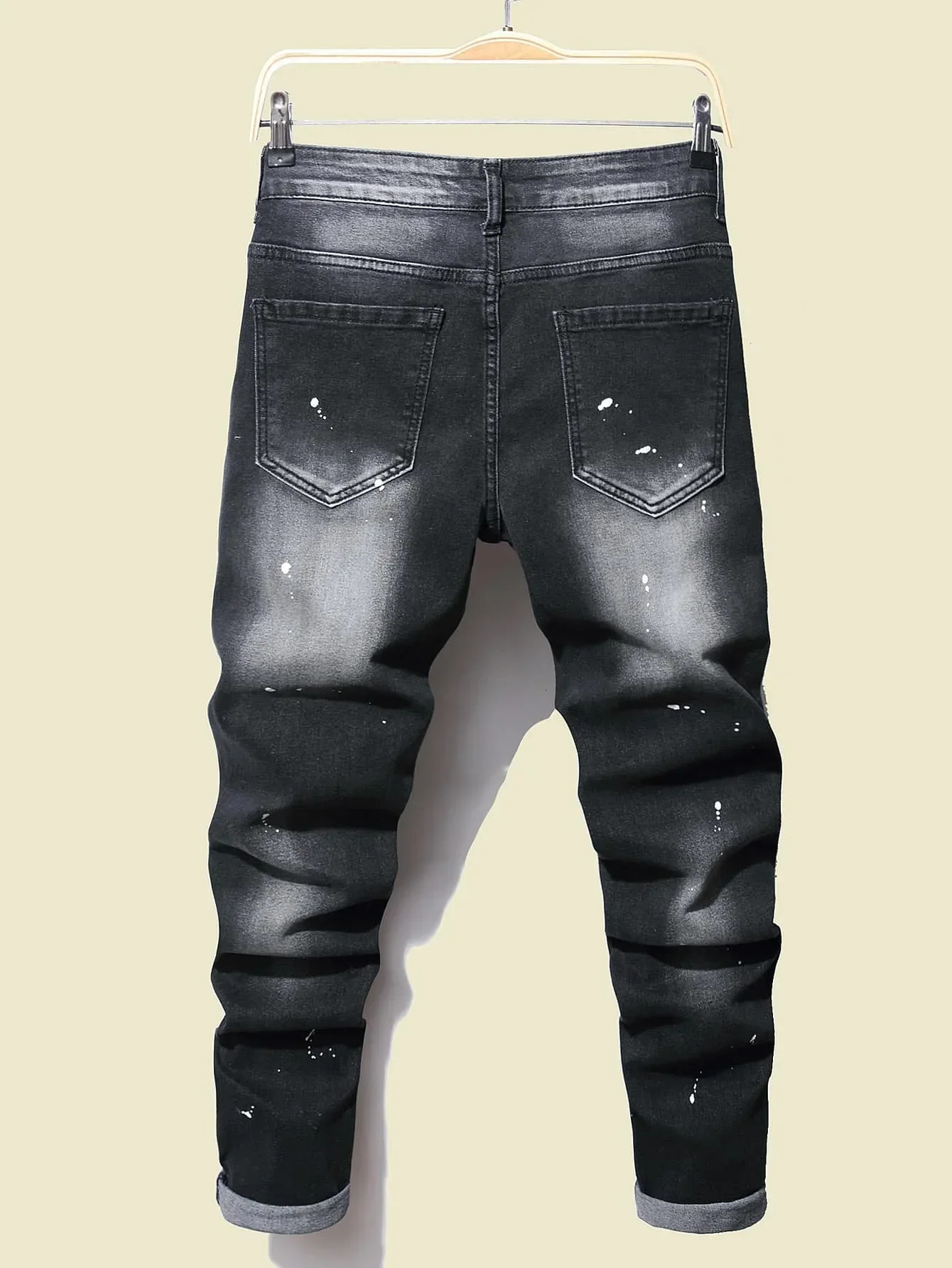Men Black Skinny Denim Spot Jeans Male Ripped Stretch Fit Slim Trousers Long Pants Streetwear Casual 240806