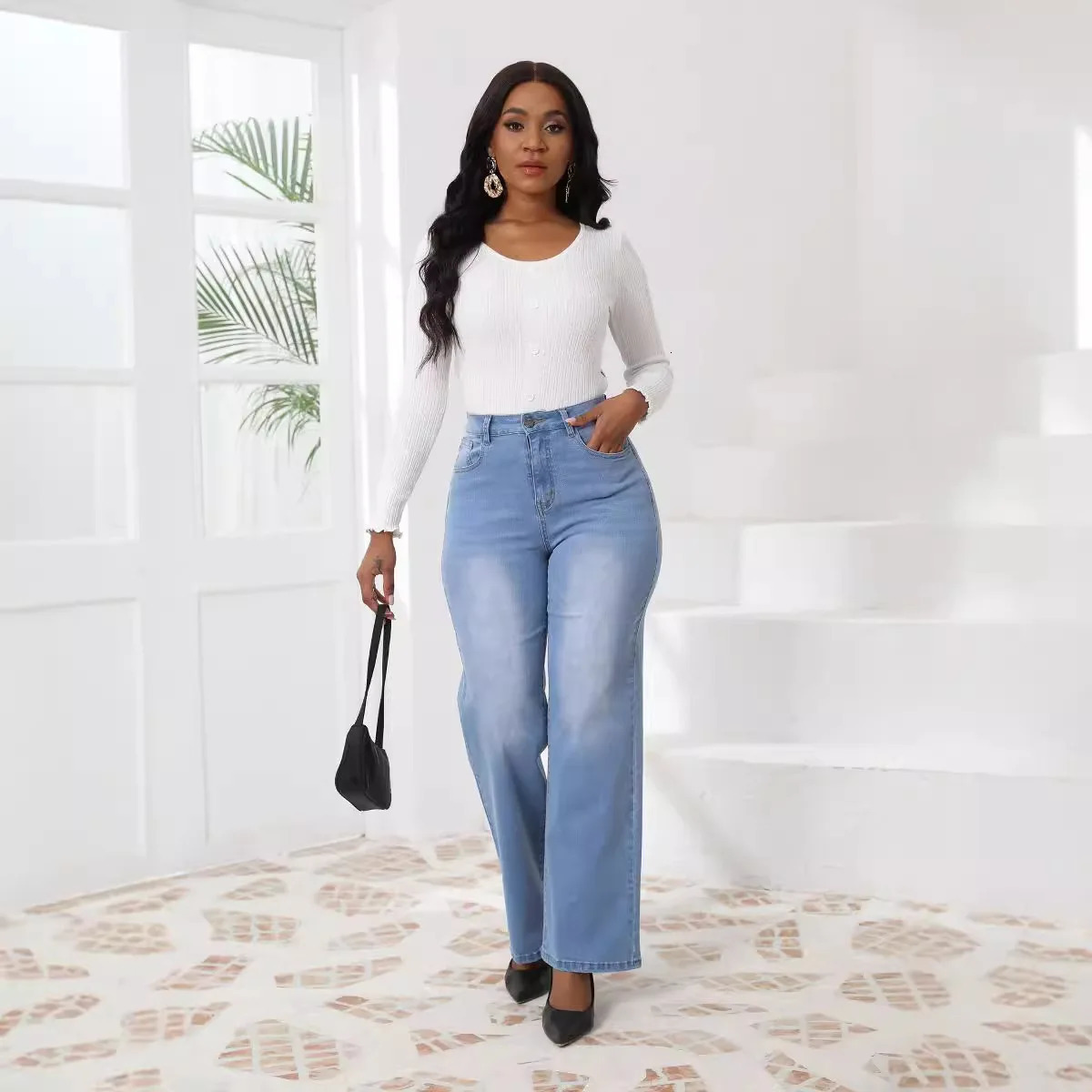 Elastic Straight Jeans Women Fashion Vintage Mid Waist Denim Trousers Mujer Blue Jeans Pants 240806