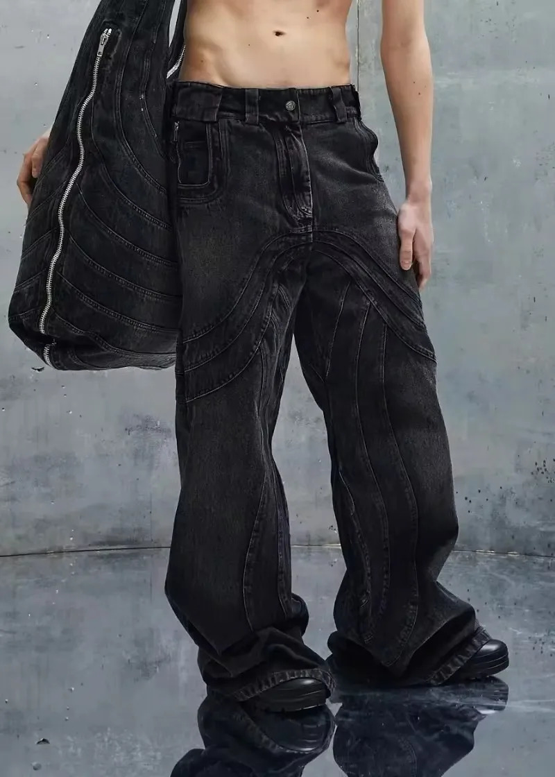 Y2K Harajuku Fashion Heavy Industry Black Old Stitching Loose Jeans Women Street Retro Pop Gothic High Waist Wide Leg Pants 240806
