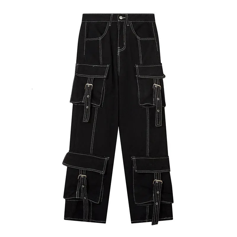 American Retro Dopamine Wear With Women Multi Pocket Cargo Pants Line Decoration With All Straight Leg Loose Wide Leg Jeans 240806