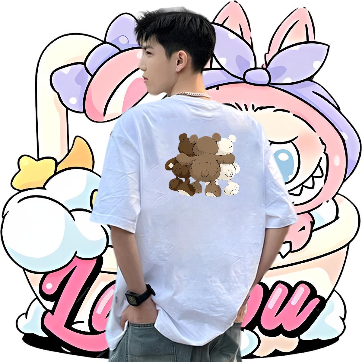 Fashion Casual Men T Shirts 230g Pure Cotton bear Street wear Hip Hop Tops O Neck Short Sleeves Loose Mens Tshirts Anime Print