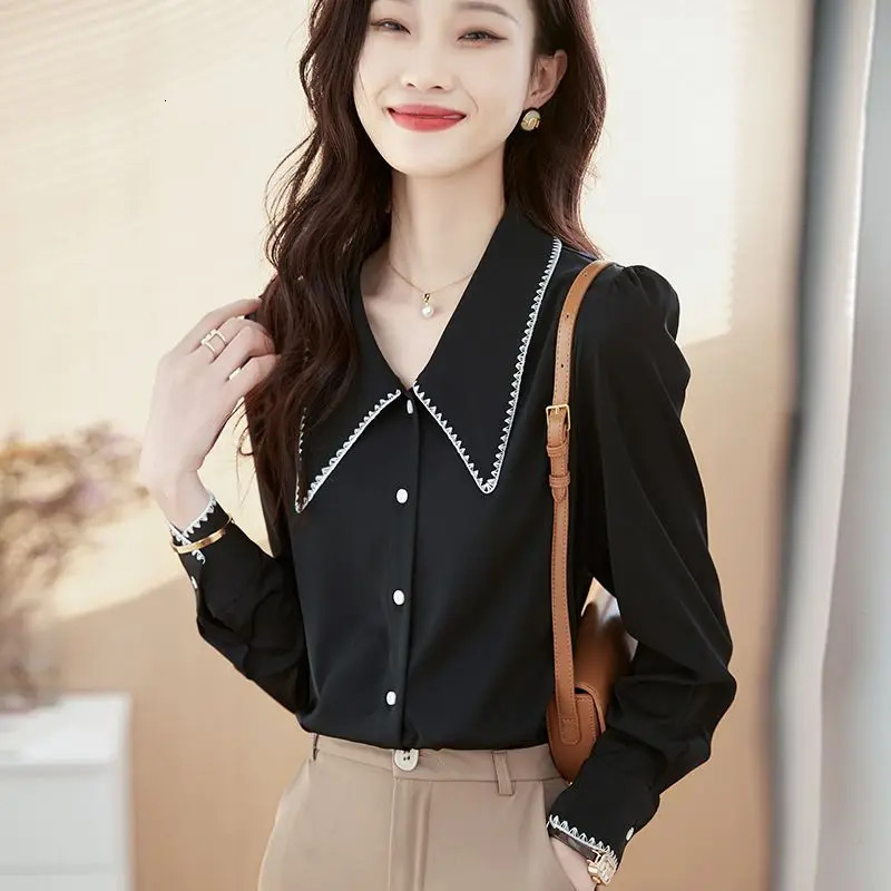 Woman Top Office Outfits Spring and Autumn Wear To Work Dress Shirts Formal Full Long Sleeve Blac Blouses Women Button Up 240806