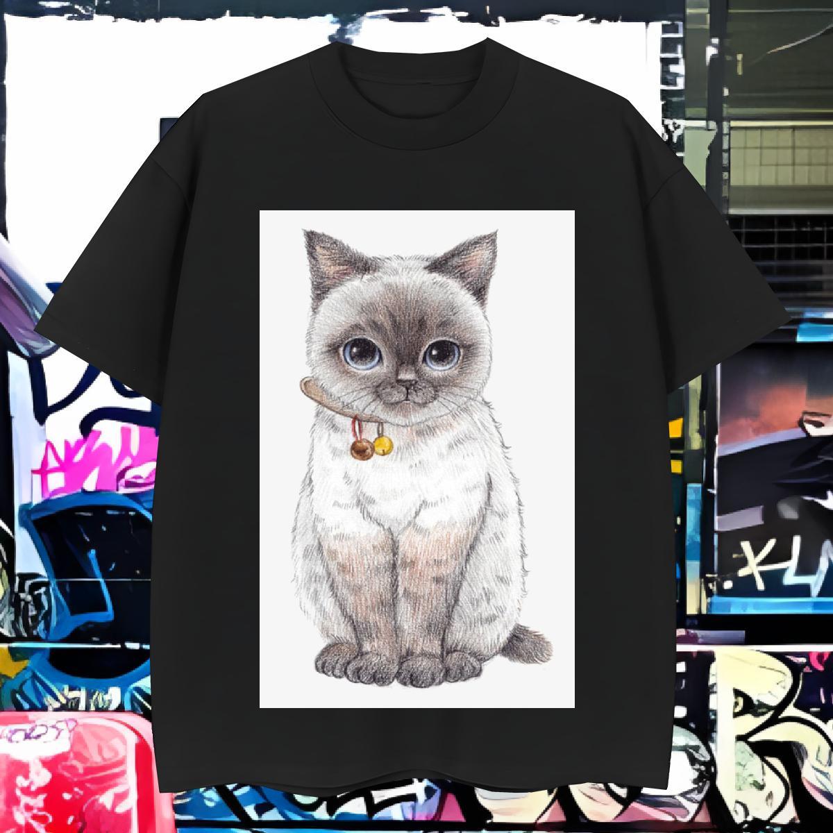 T shirt 230g 100% Cotton cat Anime Printing Street Breathable Short Sleeve Black Oversized Tshirts DIY Customized Classic Clothings