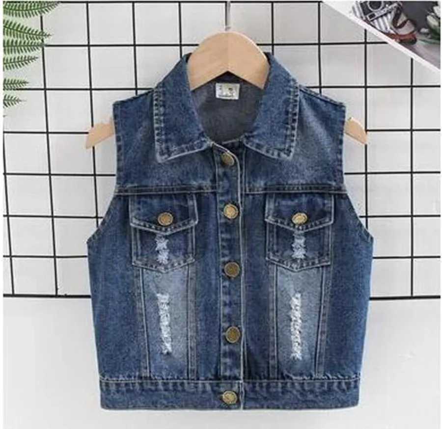 Fashion and casual childrens denim vest baby girl classic denim jacket spring and autumn short sleeved jacket Clothin Fit 2-7 yearsW240724