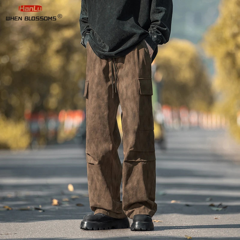 HANLU Dirty dyeing to make old prints Classical Cotton Cargo Pants Mens Loose Fit Wide Leg Trousers Baggy Autumn 240806