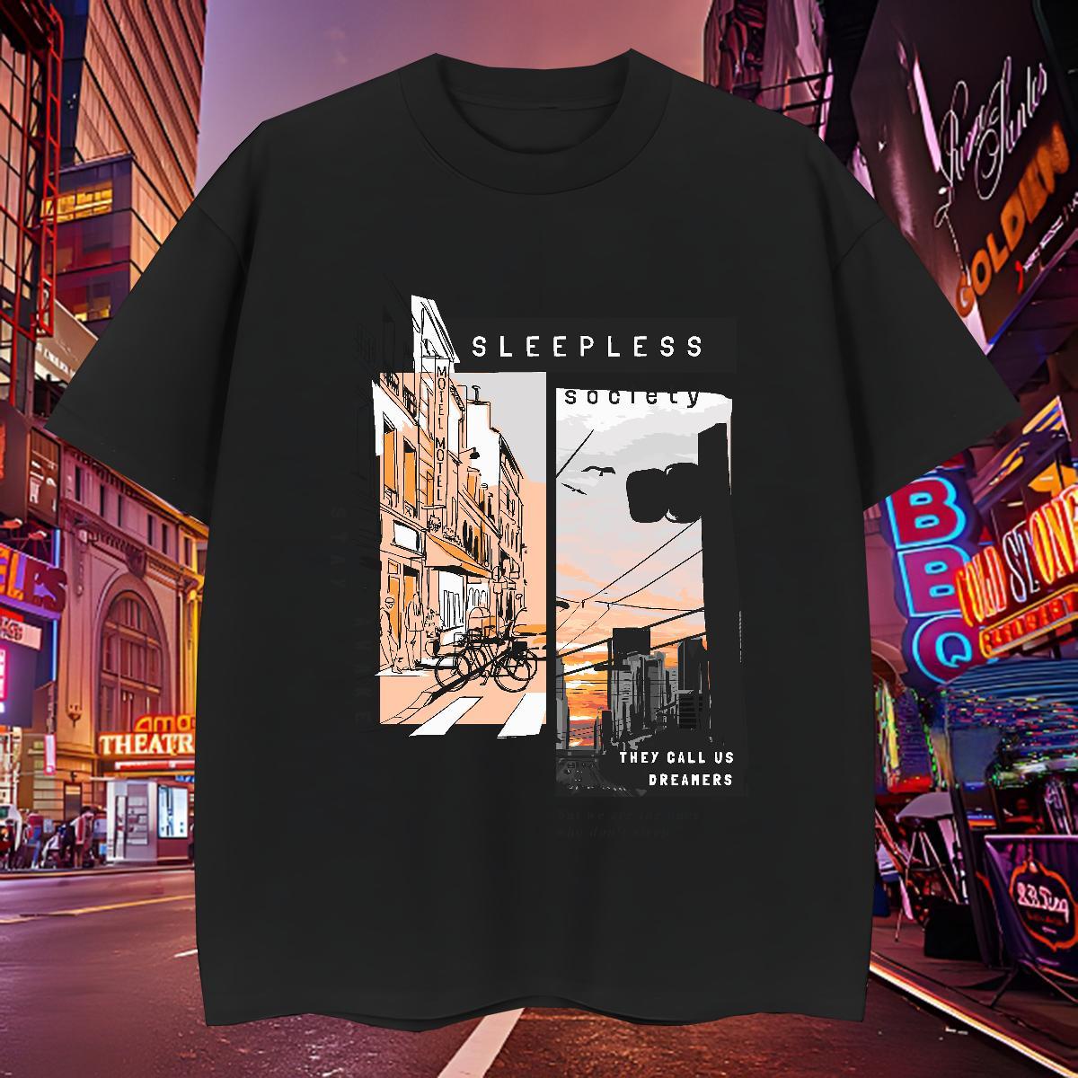 High Quality Couples T Shirts 230g Cotton Tall buildings, streets T-Shirts Casual Beach Breathable Crew Neck Custom Printing Brand Tshirts