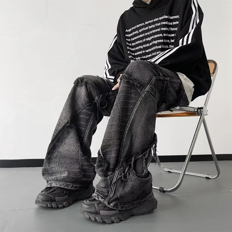 HOUZHOU Y2K Punk Black American Street Rock Retro High Waist Oversized Jeans Men Raw Edge Washed Darkwear Wide Leg Trousers 240806