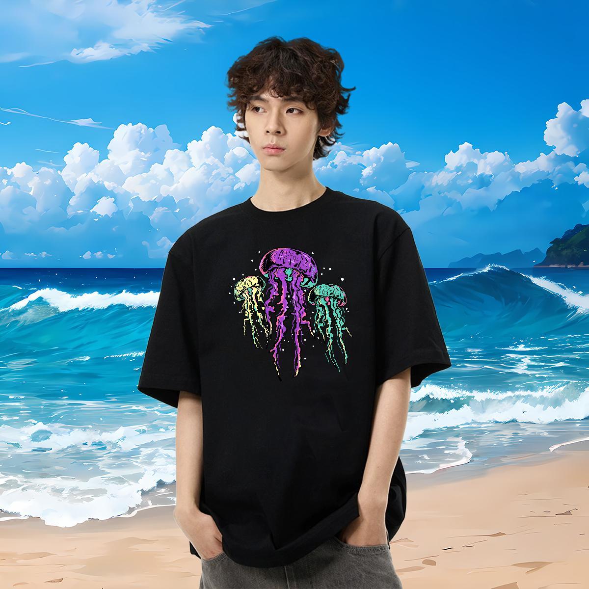 Customized T shirt 230g Cotton jellyfish Casual Beach Tees Shirts Crew Neck Breathable Wholesale Men Tshirts DIY Logo Oversized