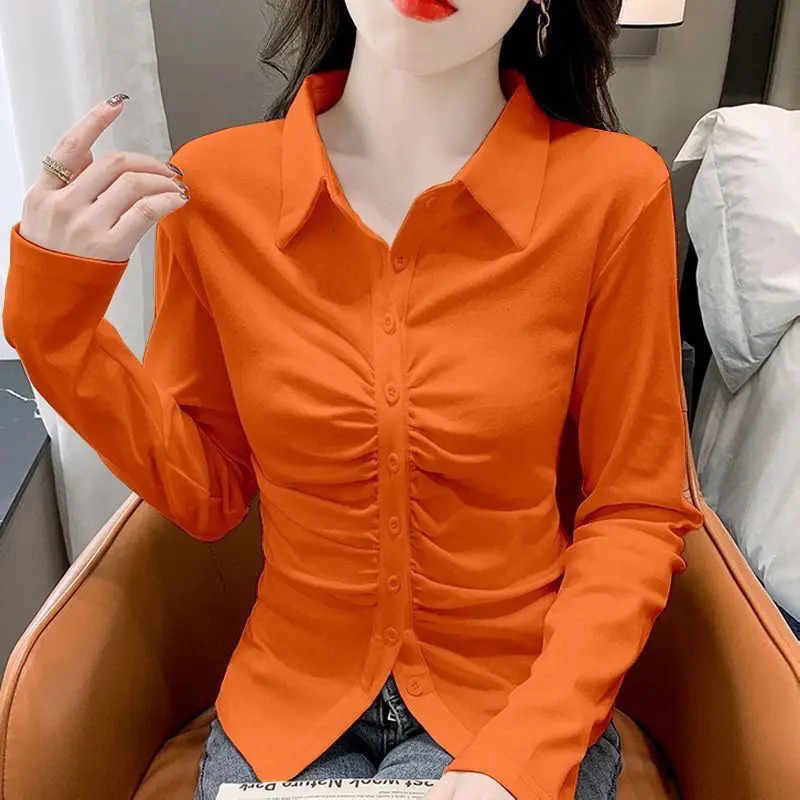 Fashion Lapel Solid Color Button Folds Shirts Womens Clothing Autumn Winter Loose Elegant Tops Office Lady Blouses 240806