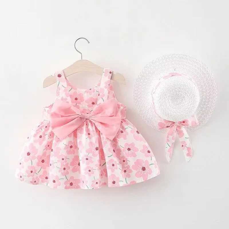 Pink 2-piece/set flower baby dress summer fashion childrens clothing beach princess dress childrens dress+hat 0-3yW240720
